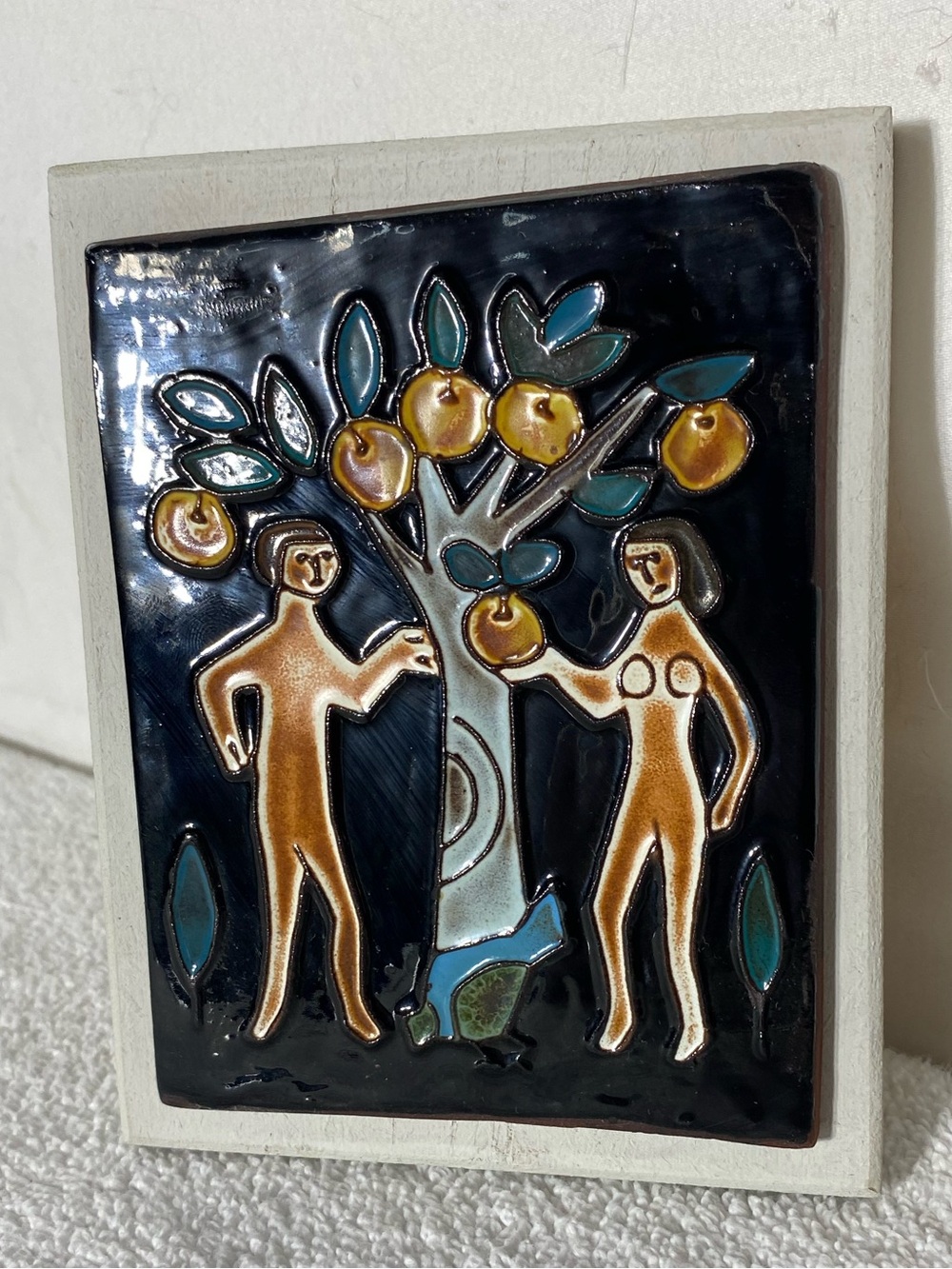 Vintage MCM Brutalist Garden of Eden Adam & Eve Tree Of Knowledge Ceramic Tile - Picture 6 of 13